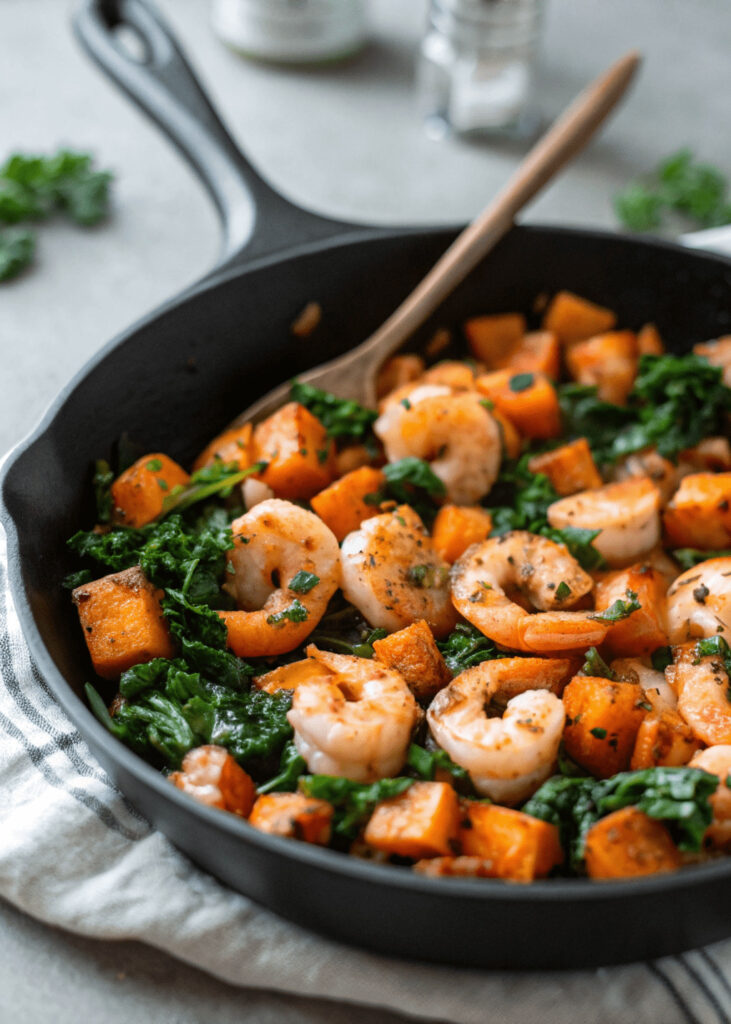 Sweet Potato, Kale and Shrimp Skillet