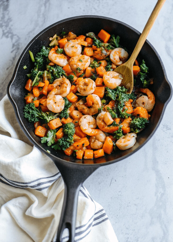 Sweet Potato, Kale and Shrimp Skillet