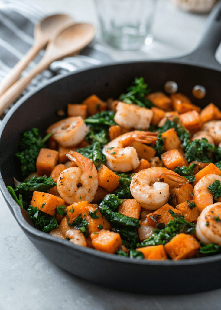 Sweet Potato, Kale and Shrimp Skillet
