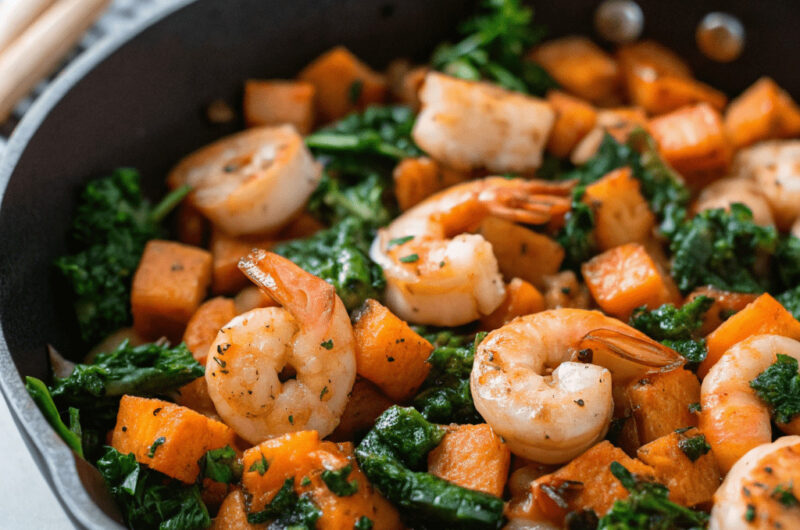 Sweet Potato, Kale and Shrimp Skillet