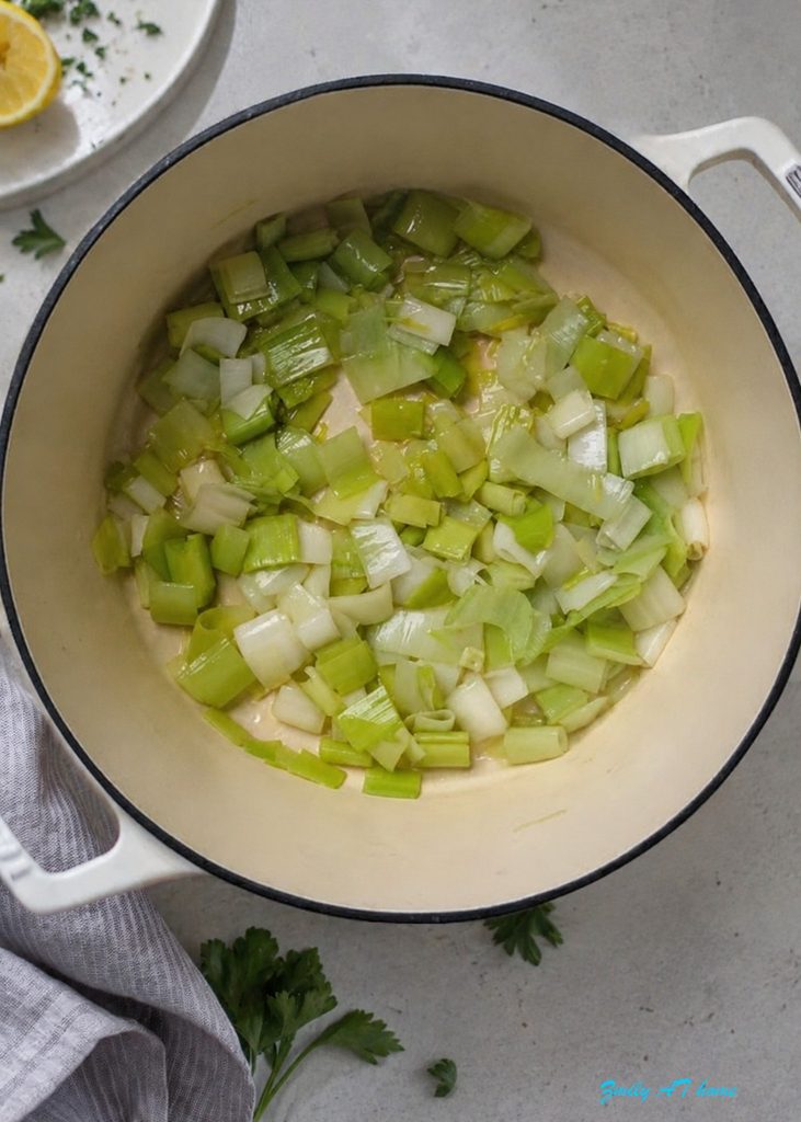 Cook the leeks and onion.